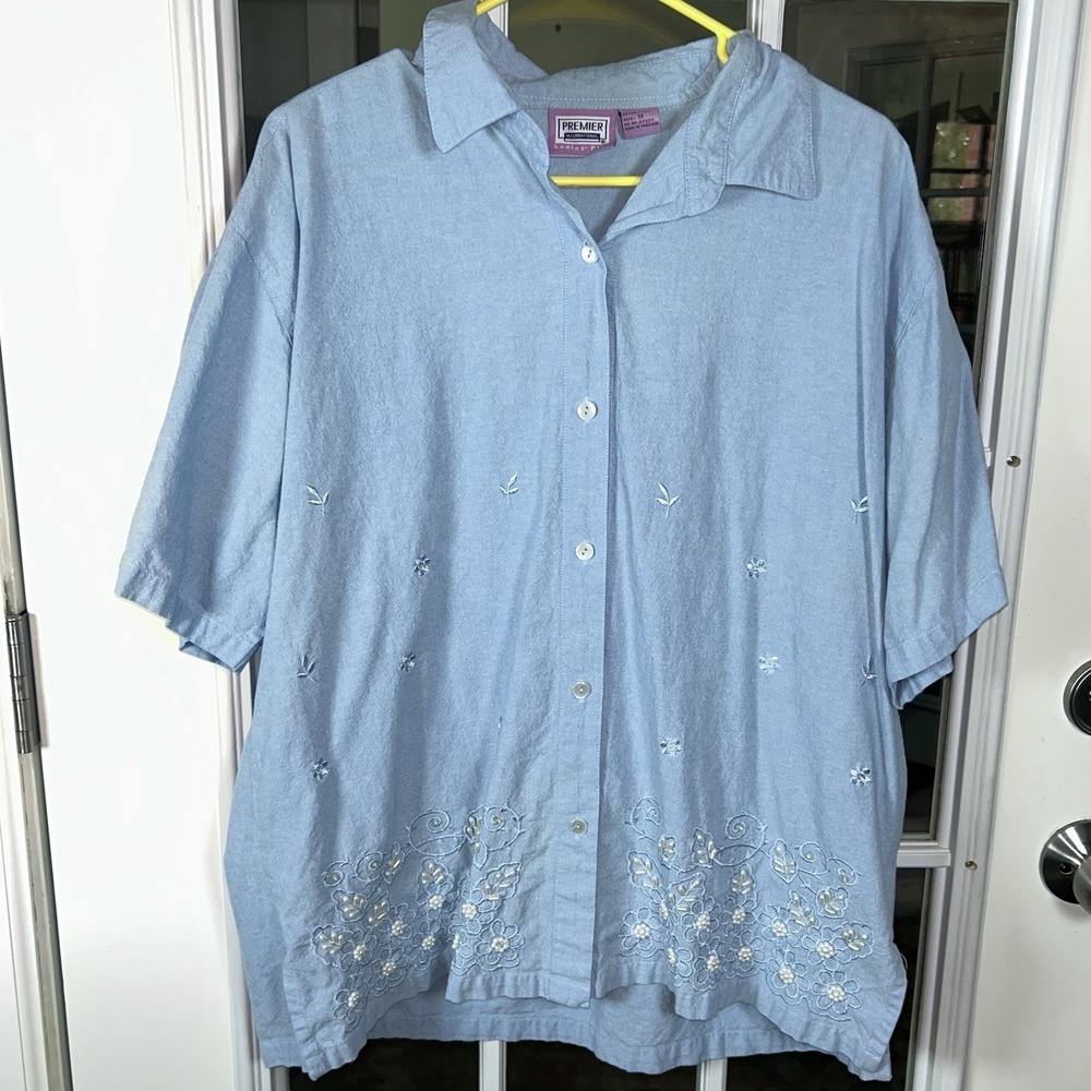 Vintage Floral Embroidered Chambray Shirt Women 1X Beaded Premier International‎